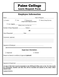 Paine College Leave Request Form Employee Information Name: ___________________________________________ Date of Request________________ Vacation