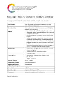 Sous-projet : Accès des femmes aux procédures judiciaires Ce sous-projet est mené dans le cadre de l’axe de recherche principal « Accès à la justice » Titre du projet Accès des femmes aux procédures judiciaire