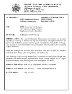 DEPARTMENT OF HUMAN SERVICES SENIOR & DISABLED SERVICES DIVISION 500 Summer Street NE Salem, Oregon[removed]Phone: ([removed]