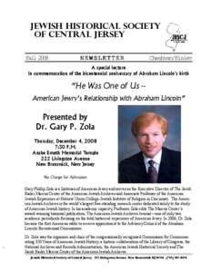 JEWISH HISTORICAL SOCIETY OF CENTRAL JERSEY Fall 2008 NEWSLETTER