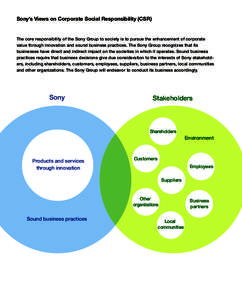 Sony’s Views on Corporate Social Responsibility (CSR)  The core responsibility of the Sony Group to society is to pursue the enhancement of corporate value through innovation and sound business practices. The Sony Grou