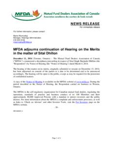 MFDA News Release- MFDA adjourns continuation of Hearing on the Merits in the matter of Sital Dhillon