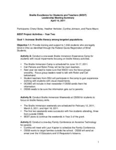 Braille Excellence for Students and Teachers (BEST) Leadership Meeting Summary April 14, 2011 Participants: Cheryl Boley, Heather Herbster, Cynthia Johnson, and Paula Mauro BEST Project Activities – Year Two