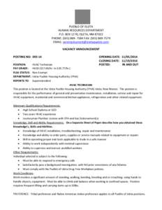 PUEBLO OF ISLETA HUMAN RESOURCES DEPARTMENT P.O. BOX 1270, ISLETA, NM[removed]PHONE: ([removed]FAX: ([removed]EMAIL: [removed] VACANCY ANNOUNCEMENT