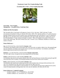 Pocahontas County West Virginia Birding Trails Greenbrier River Trail – a West Virginia State Park Ownership – West Virginia Management – Greenbrier River Trail State Park Habitat and Site Description