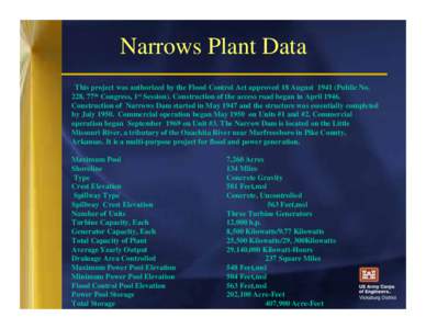 Narrows Plant Data This project was authorized by the Flood Control Act approved 18 August[removed]Public No. 228, 77th Congress, 1st Session). Construction of the access road began in April[removed]Construction of Narrows D