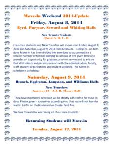 Move-In Weekend 2014-Update  Friday, August 8, 2014 Byrd, Puryear, Seward and Whiting Halls New Transfer Students