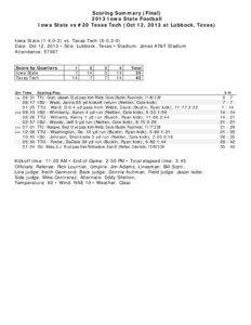 Scoring Summary (Final[removed]Iowa State Football Iowa State vs #20 Texas Tech (Oct 12, 2013 at Lubbock, Texas)