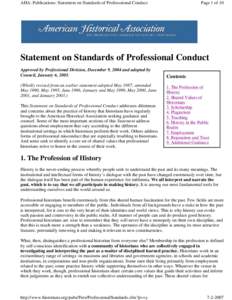 AHA: Publications: Statement on Standards of Professsional Conduct  Page 1 of 10 Statement on Standards of Professional Conduct Approved by Professional Division, December 9, 2004 and adopted by