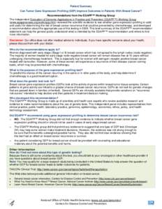 Patient Summary Tumor Gene Expression Profiling (GEP) to Predict Risk of Breast Cancer Recurrence