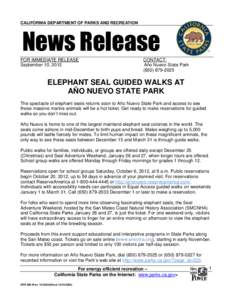 CALIFORNIA DEPARTMENT OF PARKS AND RECREATION  News Release FOR IMMEDIATE RELEASE September 10, 2012