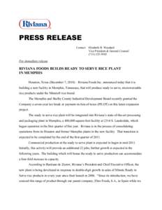 PRESS RELEASE Contact: Elizabeth B. Woodard Vice President & General CounselFor immediate release
