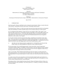  	
   Testimony of Larry Clinton, President & CEO Internet Security Alliance before the Subcommittee on Cybersecurity, Infrastructure Protection, and Security Technologies