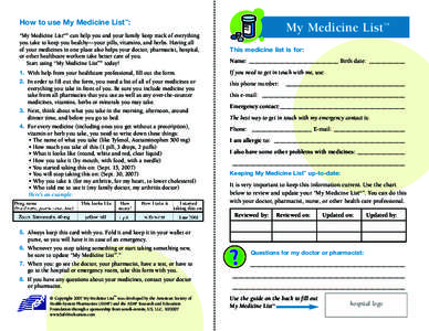 How to use My Medicine List™:  My Medicine List™ “My Medicine List™” can help you and your family keep track of everything you take to keep you healthy—your pills, vitamins, and herbs. Having all