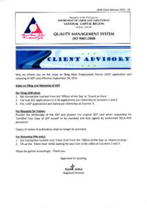 QMS Client AdvisoryRepublic of the Philippines DEPARTMENT OF TABOR AND EMPLOYMENT  NATIONAL CAPITAL RECION