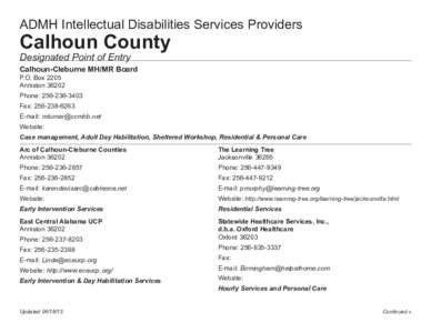 ADMH Intellectual Disabilities Services Providers  Calhoun County Designated Point of Entry  Calhoun-Cleburne MH/MR Board