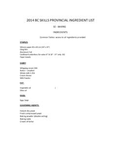 2014 BC SKILLS PROVINCIAL INGREDIENT LIST 32 - BAKING INGREDIENTS Common Tables: access to all ingredients provided STAPLES: Silicone paper 40 x 60 cm (16”x 24”)