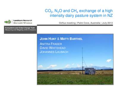 CO2, N2O and CH4 exchange of a high intensity dairy pasture system in NZ Ozflux meeting | Palm Cove, Australia | July 2013 Ecosystems and Global Change Team Measuring and Mitigating GHG Emissions