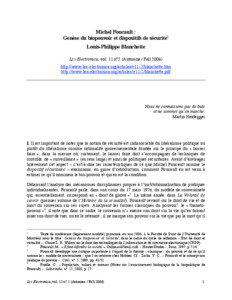 Michel Foucault : Genèse du biopouvoir et dispositifs de sécurité1 Louis-Philippe Blanchette