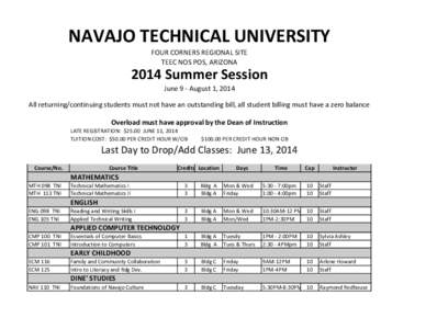 NAVAJO TECHNICAL UNIVERSITY FOUR CORNERS REGIONAL SITE TEEC NOS POS, ARIZONA 2014 Summer Session June 9 - August 1, 2014
