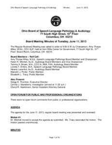 Ohio Board of Speech-Language Pathology & Audiology  Minutes June 11, 2013