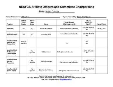NEAFCS Affiliate Officers and Committee Chairpersons State: North Dakota Name of Association: NDEAFCS Report Prepared by: Marcia Hellandsaas