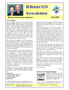 RI District 9570 Newsletter April 2007 DG Joe Cohen-Cramp and Denise Joe’s Jottings…