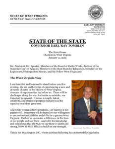 STATE OF WEST VIRGINIA OFFICE OF THE GOVERNOR EARL RAY TOMBLIN GOVERNOR  THE STATE HOUSE