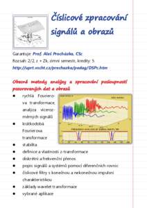 Číslicové zpracování signálů a obrazů Garantuje: Prof. Aleš Procházka, CSc. Rozsah: 2/2, z + Zk, zimní semestr, kredity: 5 http://uprt.vscht.cz/prochazka/pedag/DSPc.htm Obecné metody analýzy a zpracování 