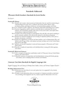 Standards Addressed Wisconsin Model Academic Standards for Social Studies For Grade 4: Standard B: History B.4.1 Identify and examine various sources of information that are used for constructing an understanding of the 