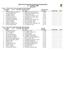 2009 Telstra Australian Swimming Championships 17 – 22 March 2009 Start List Event 1 Women 100 LC Metre Breaststroke Multi-Disability Title Holder: