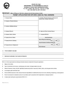 STATE OF UTAH DEPARTMENT OF ENVIRONMENTAL QUALITY DIVISION OF SOLID AND HAZARDOUS WASTE P.O. Box[removed], Salt Lake City, Utah[removed][removed]Fax[removed]