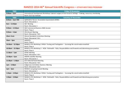 RANZCO 2014 46th Annual Scientific Congress – OTHER MEETINGS PROGRAM TIME 9:30am – 5pm TIME 8:30am – 5pm TBD