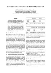 Stanford University’s Submissions to the WMT 2014 Translation Task Julia Neidert∗, Sebastian Schuster∗, Spence Green, Kenneth Heafield, and Christopher D. Manning Computer Science Department, Stanford University {j