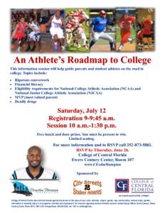 An Athlete’s Roadmap to College This information session will help guide parents and student athletes on the road to college. Topics include: Rigorous coursework Financial literacy Eligibility requirements for National