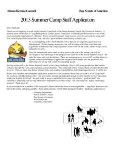 Simon Kenton Council  Boy Scouts of America 2013 Summer Camp Staff Application Dear Applicant: