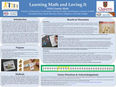 Learning Math and Loving It ESSO Family Math Faculty of Education: Community Outreach Center and Kingston Literacy & Skills Alexandra Penn, Susan Ramsay, Nancy Dalgarno, & Lynda Colgan  Introduction