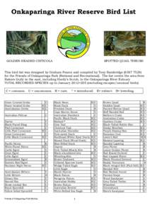 Onkaparinga River Reserve Bird List  GOLDEN-HEADED CISTICOLA SPOTTED QUAIL THRUSH