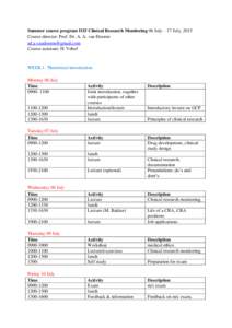 Summer course program D25 Clinical Research Monitoring 06 July – 17 July, 2015 Course director: Prof. Dr. A. A. van Dooren  Course assistant: H. Vehof  WEEK 1. Theoretical introduction