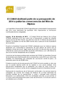 El COMLR destinará parte de su presupuesto de 2014 a paliar las consecuencias del tifón de Filipinas -La Asamblea General del COMLR aprueba por unanimidad el presupuesto del 2014 que destinará las partidas más import