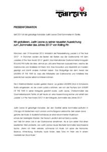 PRESSEINFORMATION Seit 2011 ist der gebürtige Kanadier Justin Leone Chef-Sommelier im Tantris. Wir gratulieren, Justin Leone zu seiner neuesten Auszeichung zum „Sommelier des Jahres 2013“ von Rolling Pin München, d