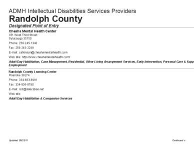 ADMH Intellectual Disabilities Services Providers  Randolph County Designated Point of Entry Cheaha Mental Health Center 351 West Third Street