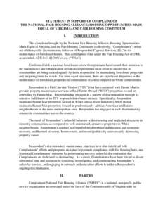 STATEMENT IN SUPPORT OF COMPLAINT OF THE NATIONAL FAIR HOUSING ALLIANCE; HOUSING OPPORTUNITIES MADE EQUAL OF VIRGINIA; AND FAIR HOUSING CONTINUUM I.  INTRODUCTION