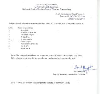A-l1019[removed]N M RF  Ministry of Earth Sciences National Centre Medium Range Weather Forecasting A-50, Institutiona l AreaPhase-lI, Sector-52, NOIDA[removed]