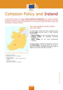 Cohesion Policy and Ireland In[removed], Ireland will manage three operational programmes: two regional European Regional Development Fund (ERDF) programmes and one national European Social Fund (ESF) programme. The two