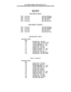 STATE	
  MEET	
  ORDER	
  OF	
  EVENTS	
  FOR	
  2013-­14	
   STATE	
  TRACK	
  MEET	
  ORDER	
  OF	
  EVENTS	
  AND	
  APPROXIMATE	
  STARTING	
  TIMES	
   Coaches Meeting Friday 9:00 a.m. FIELD EVENTS