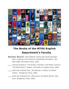 The Books of the MTSU English Department’s Faculty Bachman, Maria K. (with Marlene Tromp and Heidi Kaufman). Fear, Loathing, and Victorian Xenophobia.Columbus: The Ohio State University Press, 2014. ___. Charles Dicken