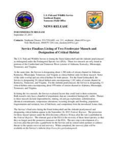 U.S. Fish and Wildlife Service Southeast Region Tennessee Field Office NEWS RELEASE FOR IMMEDIATE RELEASE
