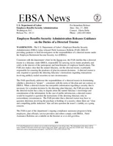 U.S. Department of Labor Employee Benefits Security Administration Washington, D.C. Release No.: [removed]For Immediate Release