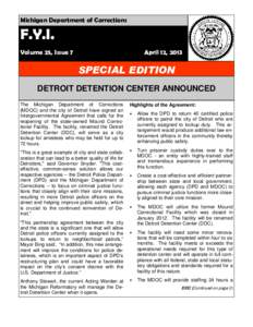 Michigan Department of Corrections  F.Y.I. Volume 25, Issue 7  April 12, 2013